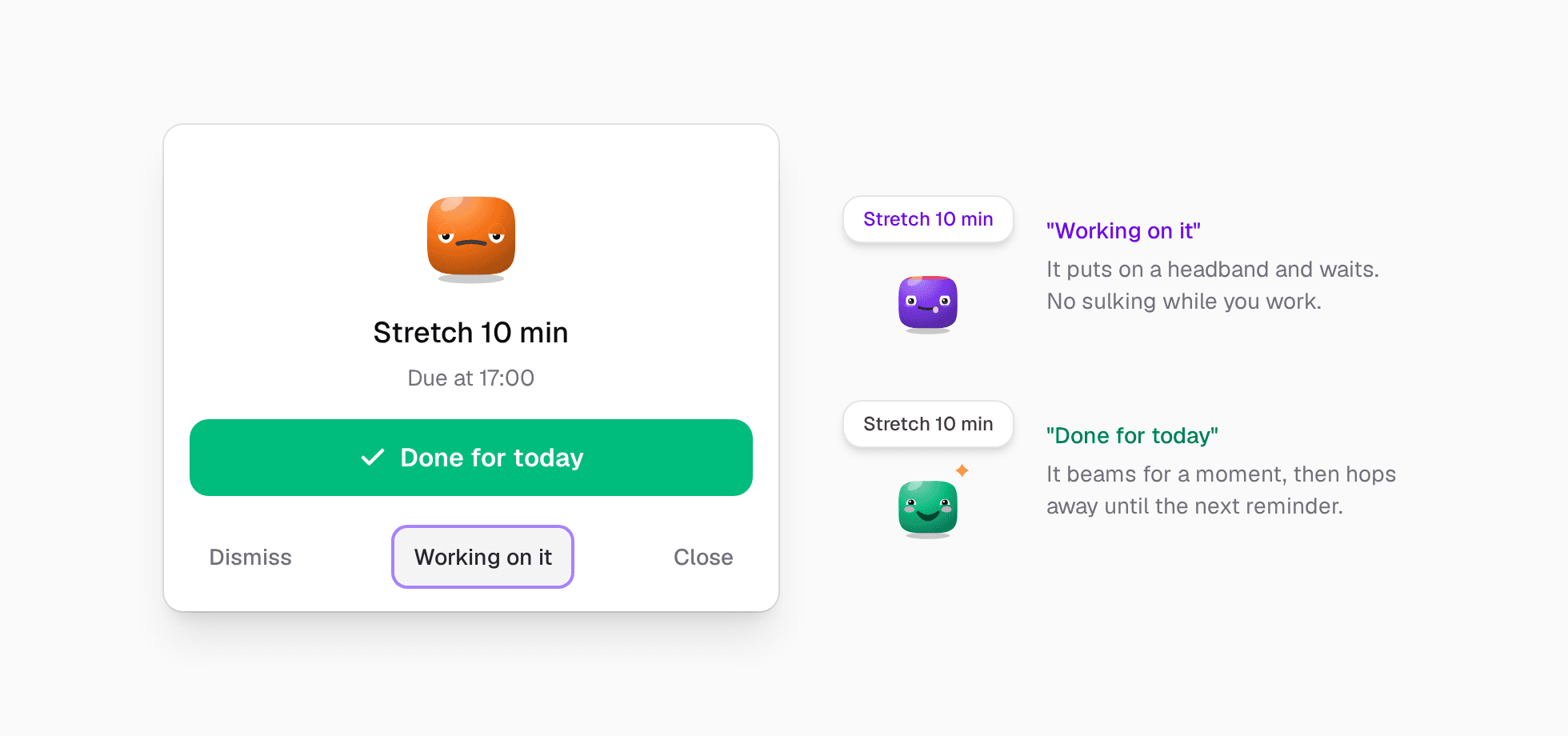 The bot's window for 'Stretch 10 min', due at 17:00, with a big green 'Done for today' button and three smaller buttons: Dismiss, Working on it and Close. Next to it, a violet bot with a sweatband for 'Working on it', and a green beaming bot for 'Done for today'.