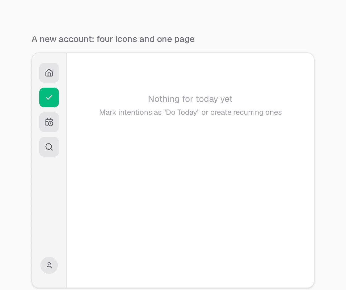 A new Clarity account: a sidebar with four icons (Home, Today, Scheduled, Search) and an empty Today page that says 'Nothing for today yet'.