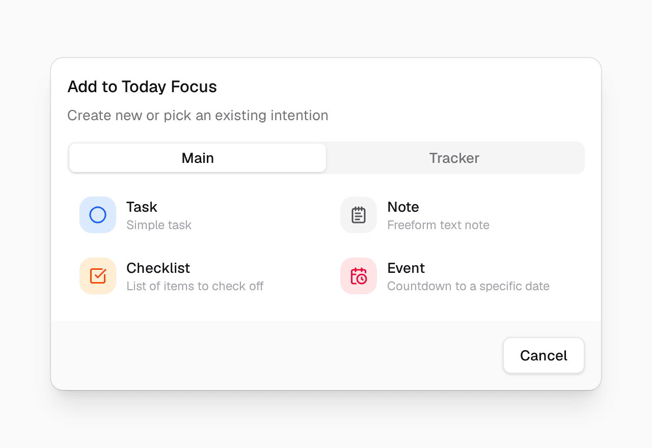The Add to Today Focus dialog with two tabs, Main and Tracker. Main shows Task, Note, Checklist and Event.