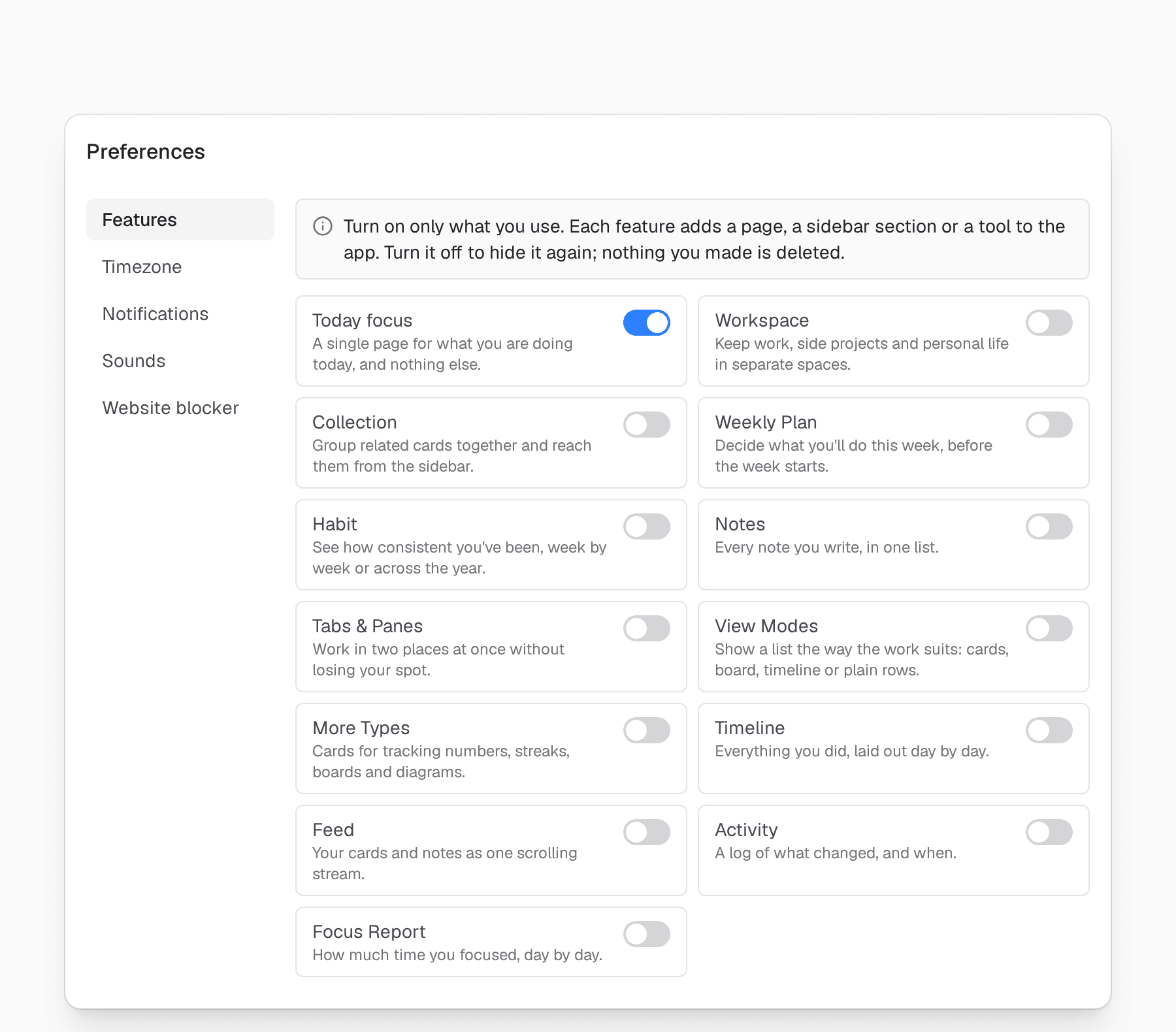 The Preferences dialog on the Features tab. Today focus is on. Workspace, Collection, Weekly Plan, Habit, Notes, Tabs and Panes, View Modes, More Types, Timeline, Feed, Activity and Focus Report are all off.