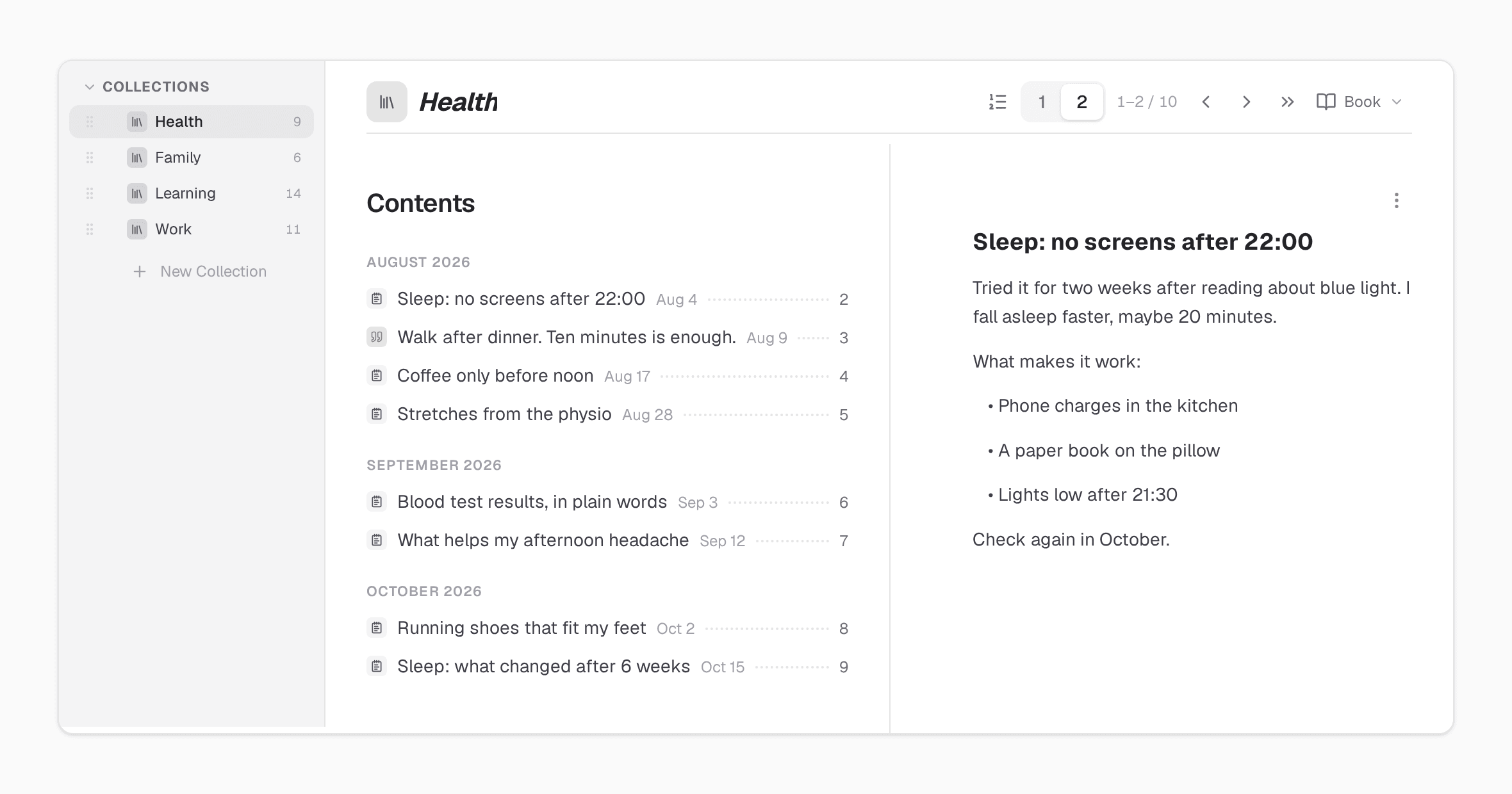 A Health collection in Book view. The sidebar lists four collections: Health, Family, Learning and Work. The left page is the contents, with notes listed by month from August to October 2026 and their page numbers. The right page is the note 'Sleep: no screens after 22:00'.