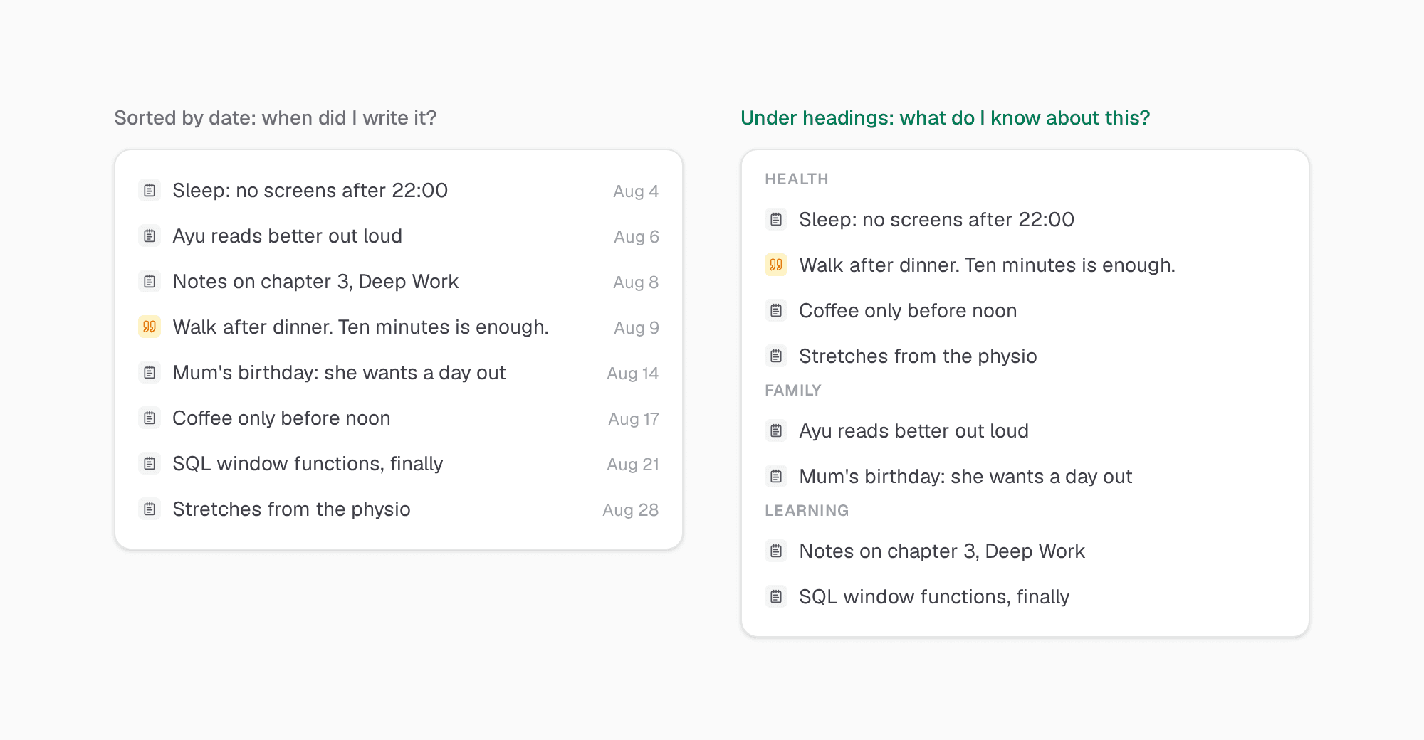 The same eight notes twice. Left, sorted by date, so health, family and learning notes are mixed. Right, the same notes under three headings: Health, Family and Learning.