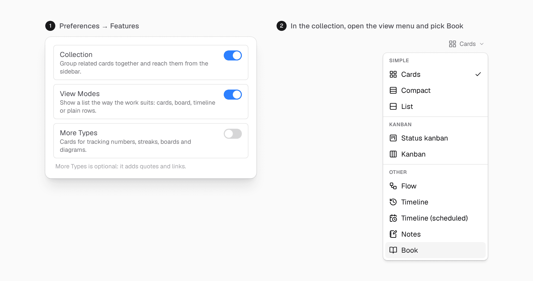 Two steps. First, Preferences, Features: Collection and View Modes are on, More Types is off, with a note that More Types adds quotes and links. Second, the view menu of a collection, open, with Book highlighted under Other.