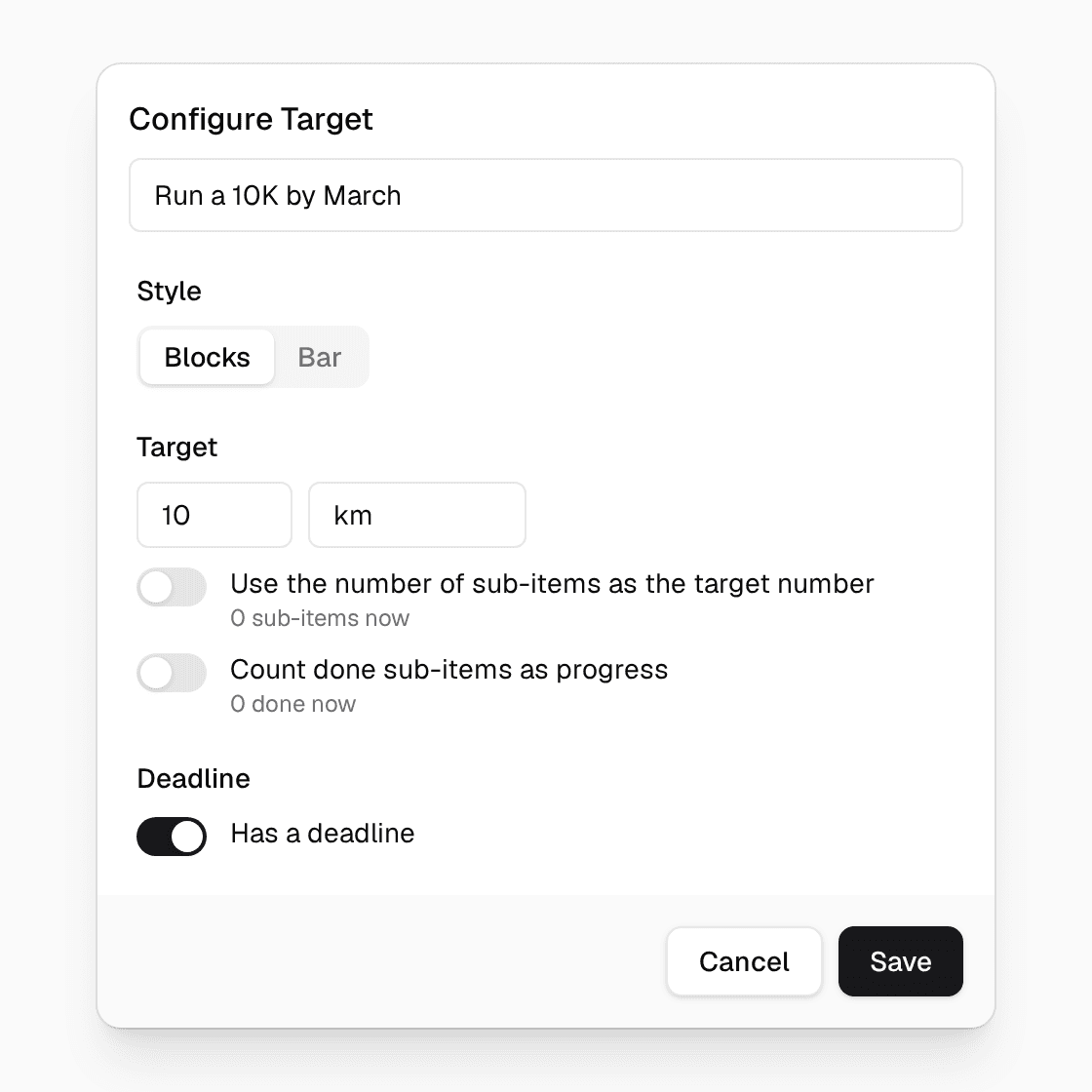 The Configure Target dialog for 'Run a 10K by March', with the Blocks style, a target of 10 km, and a deadline turned on.
