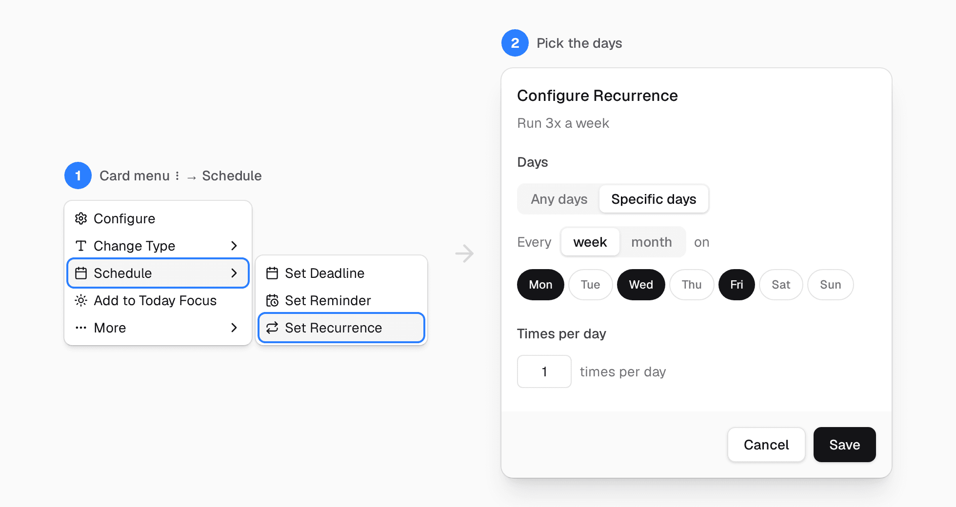 The card menu with Schedule, then Set Recurrence. The Configure Recurrence dialog has Monday, Wednesday and Friday selected.