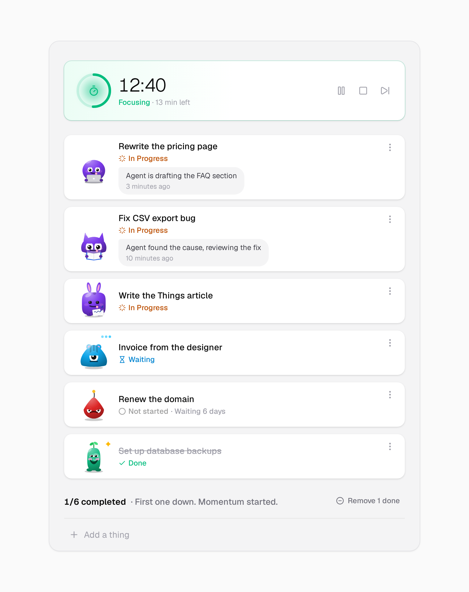 A focus session running at 12:40 with 13 minutes left, above a short list of tasks, each with a face that shows how it is doing