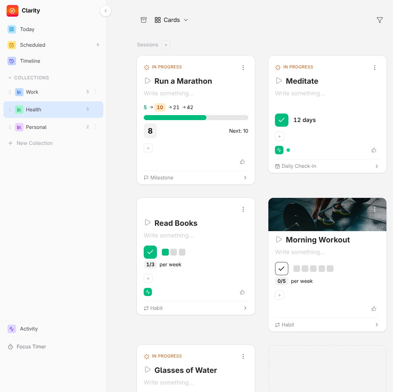 Collections view with organized intention cards